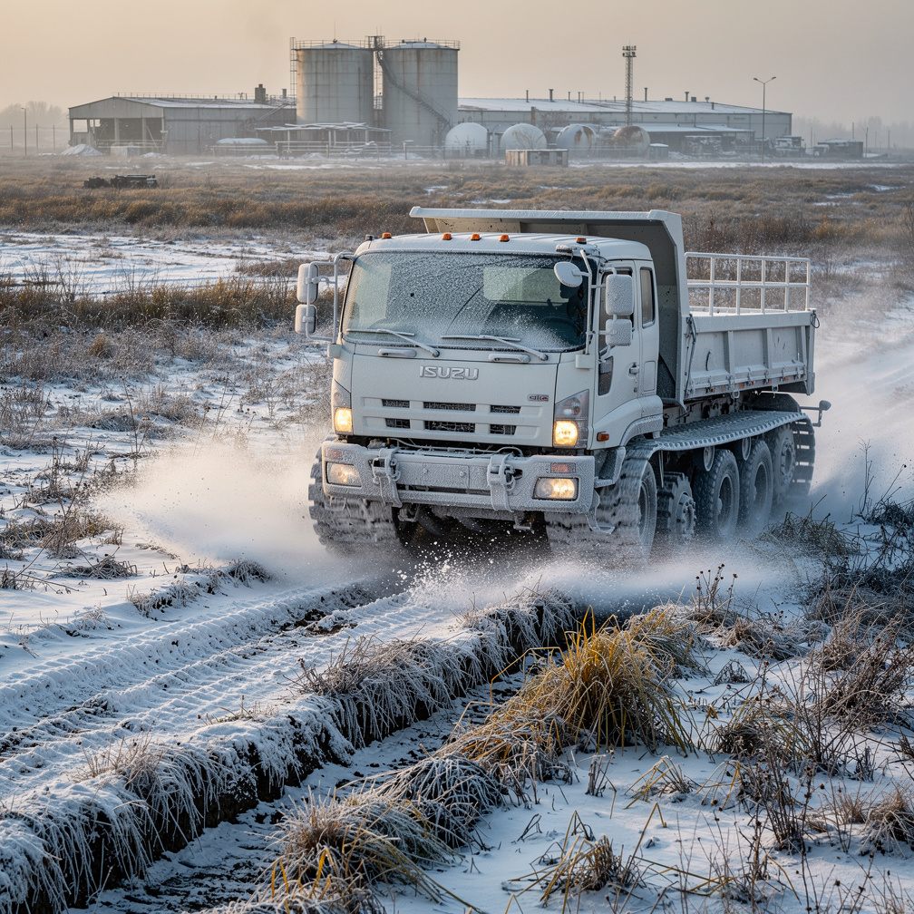 The engine coughs, then roars to life as the snow‑slicked grass gives way, revealing a hidden ridge; the driver spots faint t