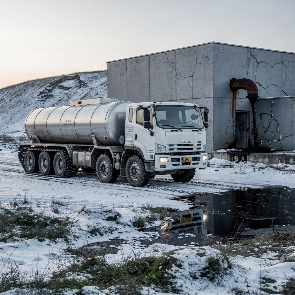 He steers the tanker toward the depot, the trailer’s squeal echoing off the cold walls, then spots a cracked pipe spilling da