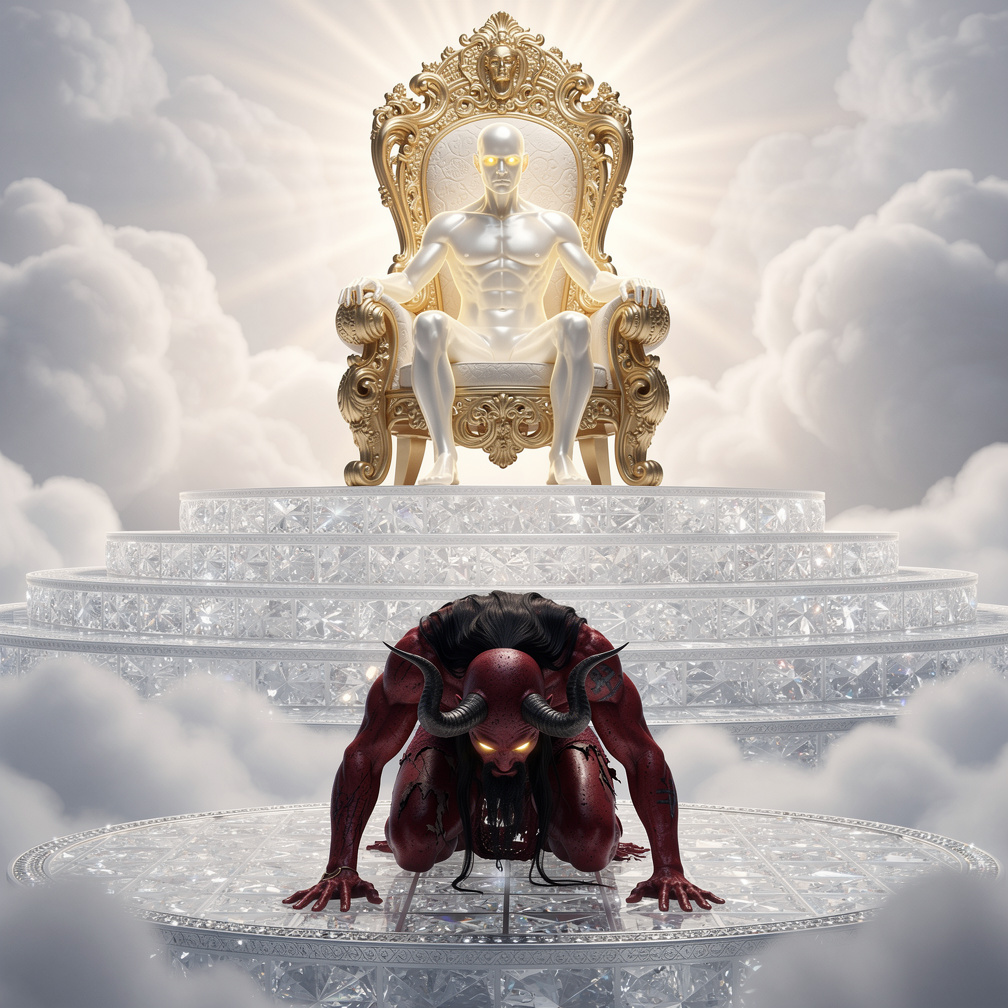 Saat itu aku sedang duduk di atas tahta di bawahku awan bagian tangga dan di bawahnya jin itu sedang sujud, karena aku memeri