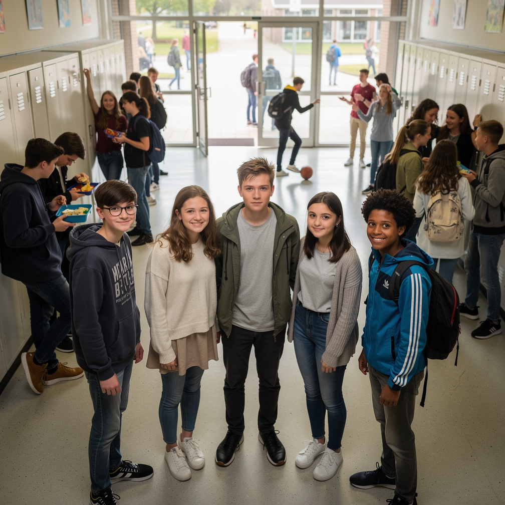 In het Middelbare School Gebouw Veel Leerlingen Het Pauzeren Eten en Buiten, Praten, voetballen, Aula