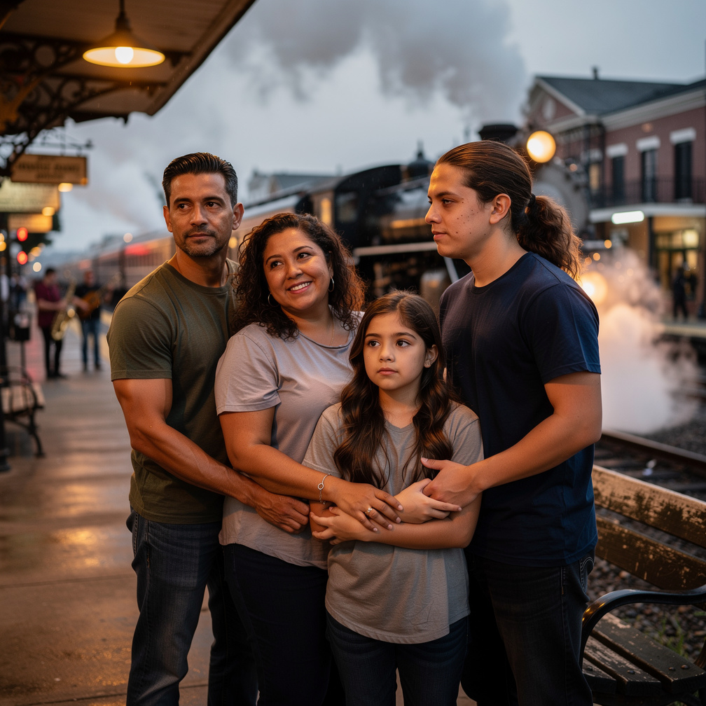 Olivia clutches Pedro’s hand as the train screeches into New Orleans, the humid air swirling with the scent of gumbo and dist