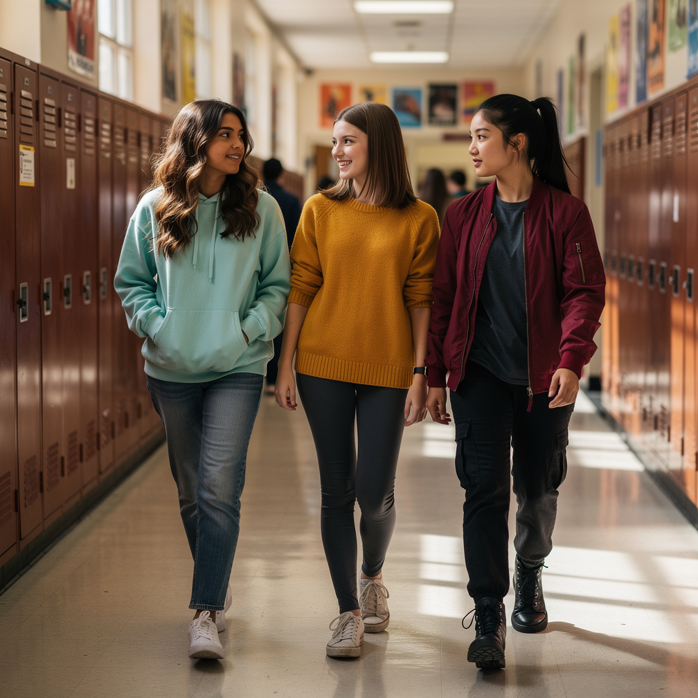 When Earlier at High school Olivia Walking to School her Friends Jo-Anne, Li Min