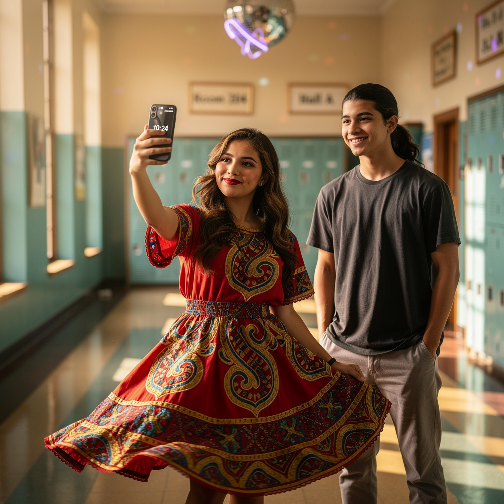 At morning she Sneak off Wears Traditional Dress with Make-up, Red lips, She Takes Picture on her Phone