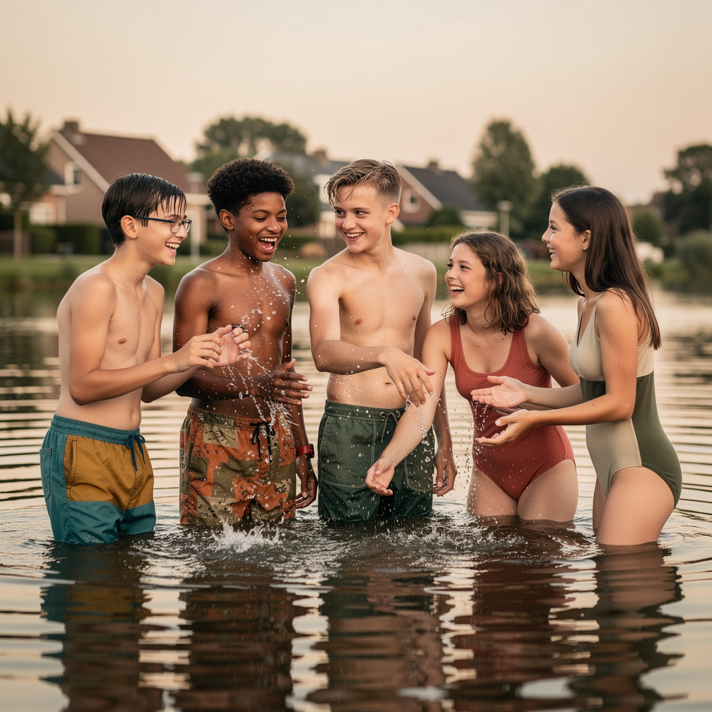 Bij Riverside spelen de kinderen, zwemmen, spatten en lachen.