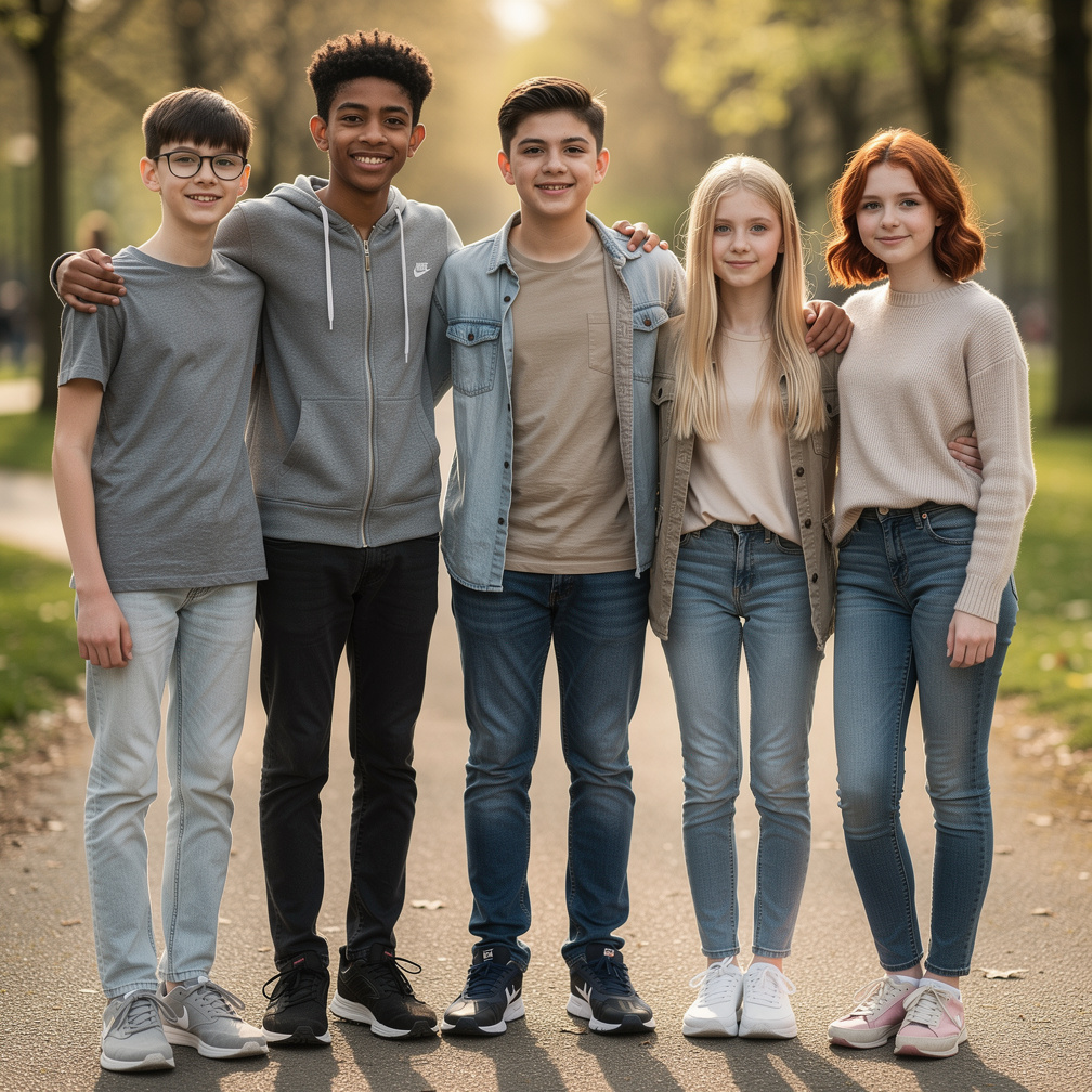 De kinderen dragen geïnspireerd op het begin van de jaren ’90. De meisjes hebben make‑up en rode lippen, paarse lippen.