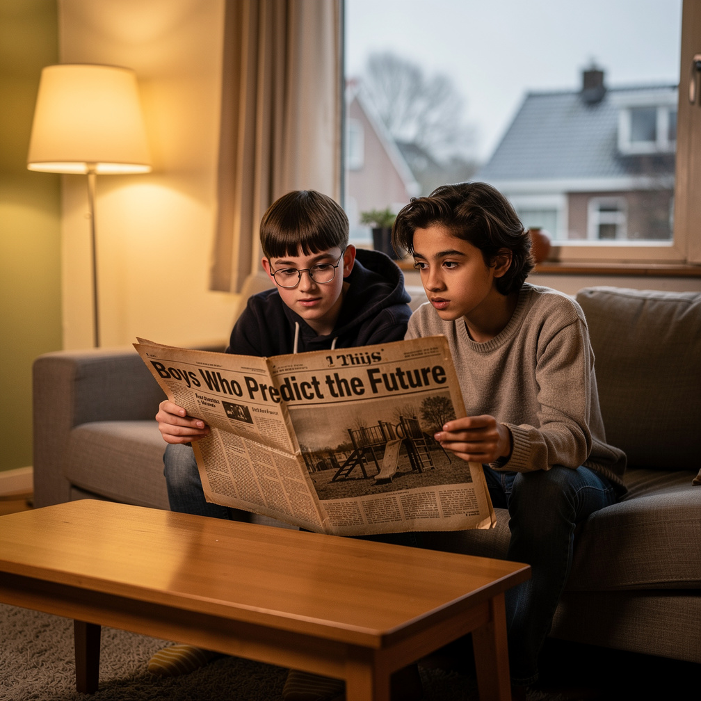 Thuis aangekomen ontdekken ze een oude krant met hun eigen namen als koppen: “Jongens die de toekomst voorspellen” en een fot