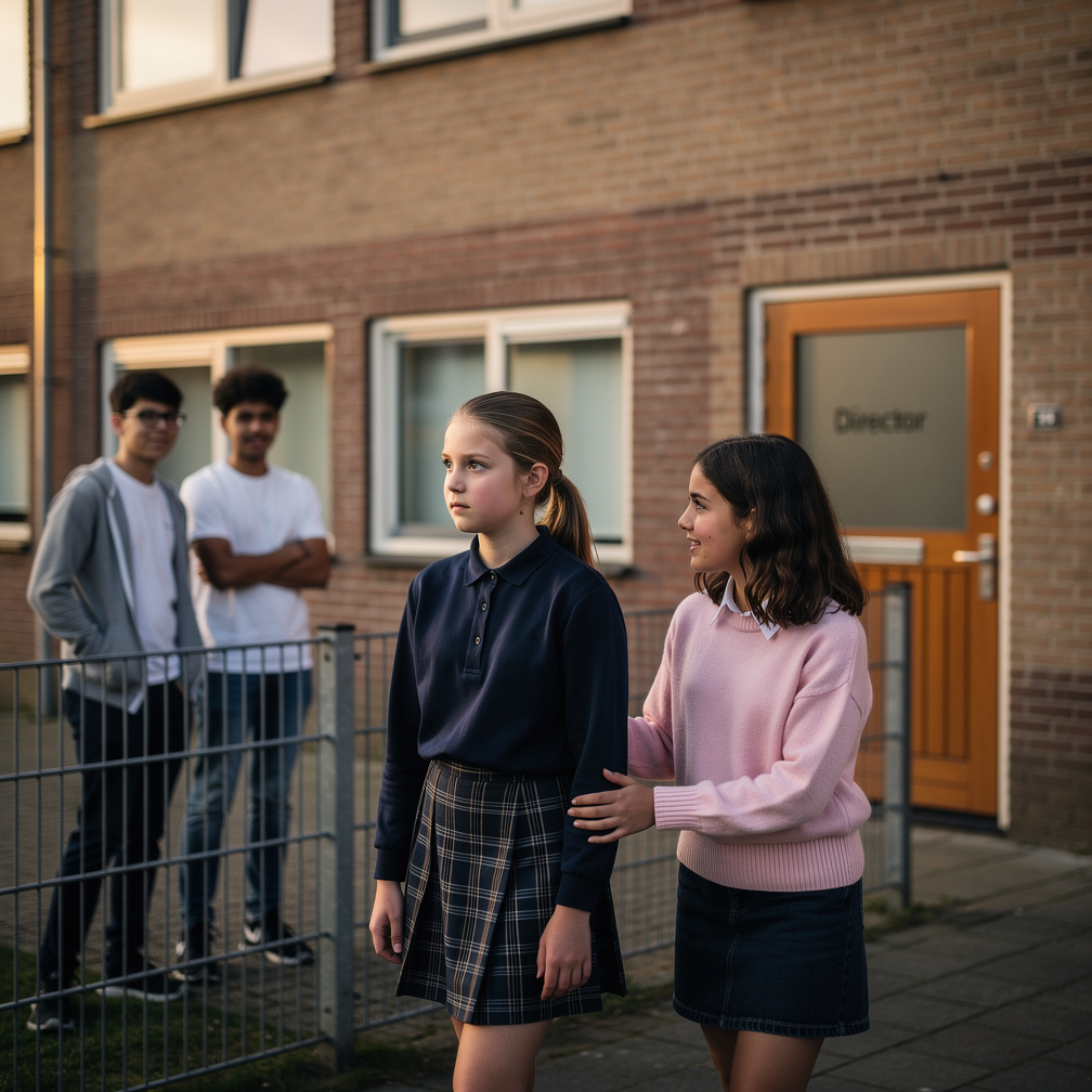 Morgenochtend in schoolplein de meiden gaat rond 4 uur bij directeur Sophia zij op de deur en vraagt bij de directeur.