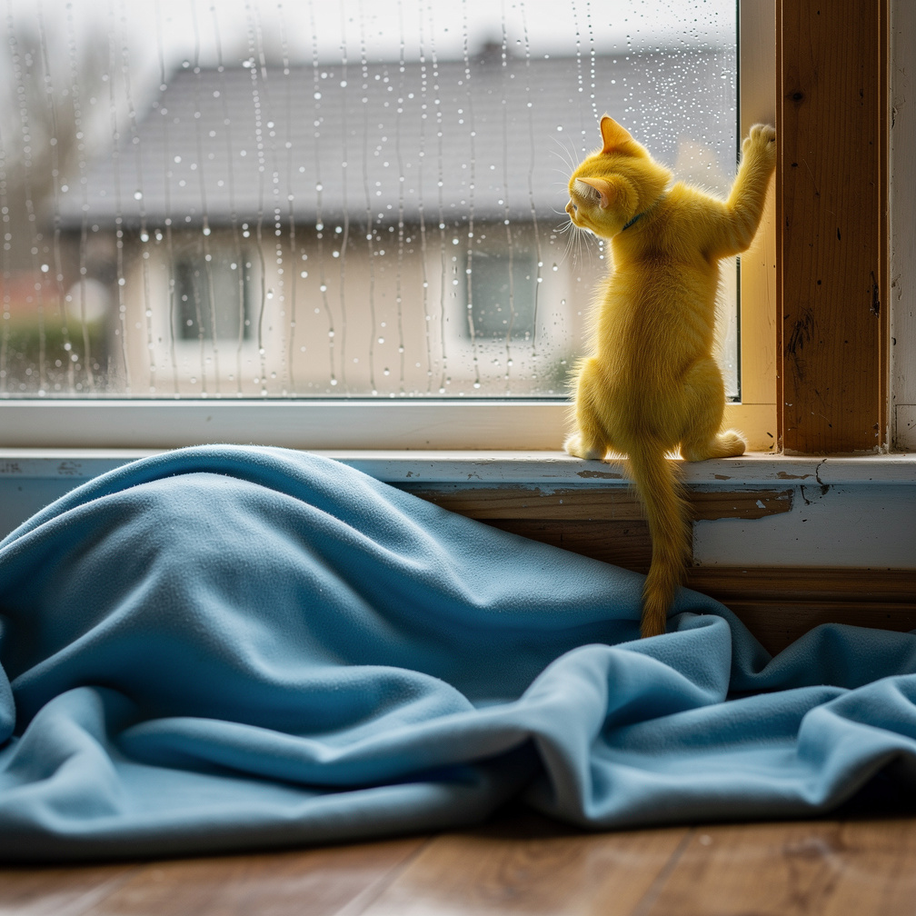 Kedi, pencerenin kenarına sürünerek dışarıdaki damlamaları izlemeye başladı; birden bir çatıdan gelen hafif bir mırıltı duydu