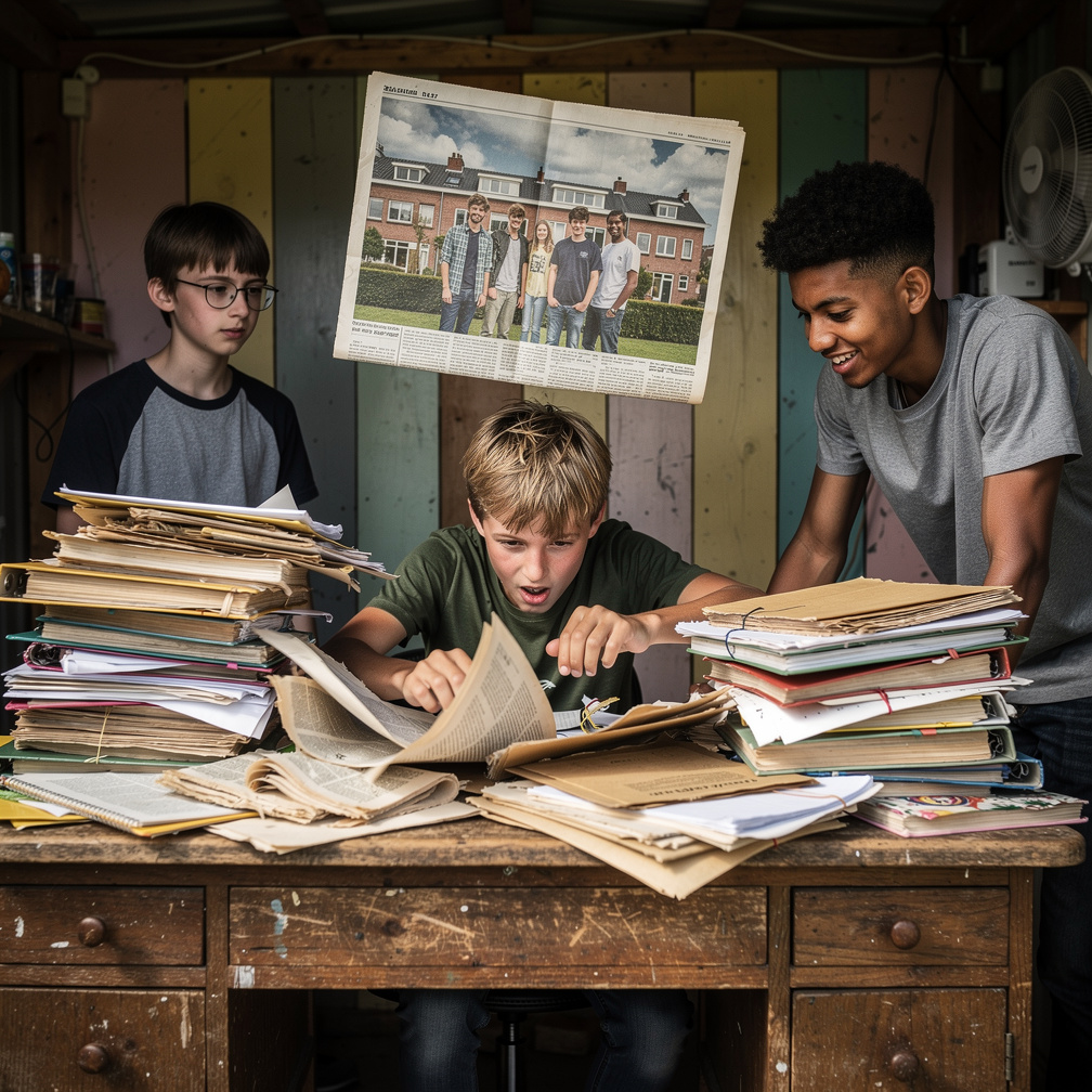 Lucas zoekt wanhopig tussen stapels papier, terwijl de zwevende krant plots een foto van hun eigen toekomst toont.
