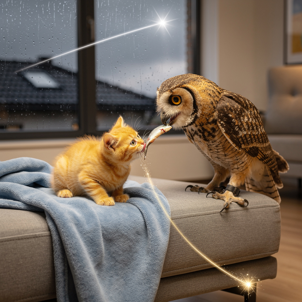 Kedi, baykuşun getirdiği sıcak balığı yalayarak yedi; birden gökyüzünden bir yıldız kaydı ve yerde minik bir parıltı bıraktı.