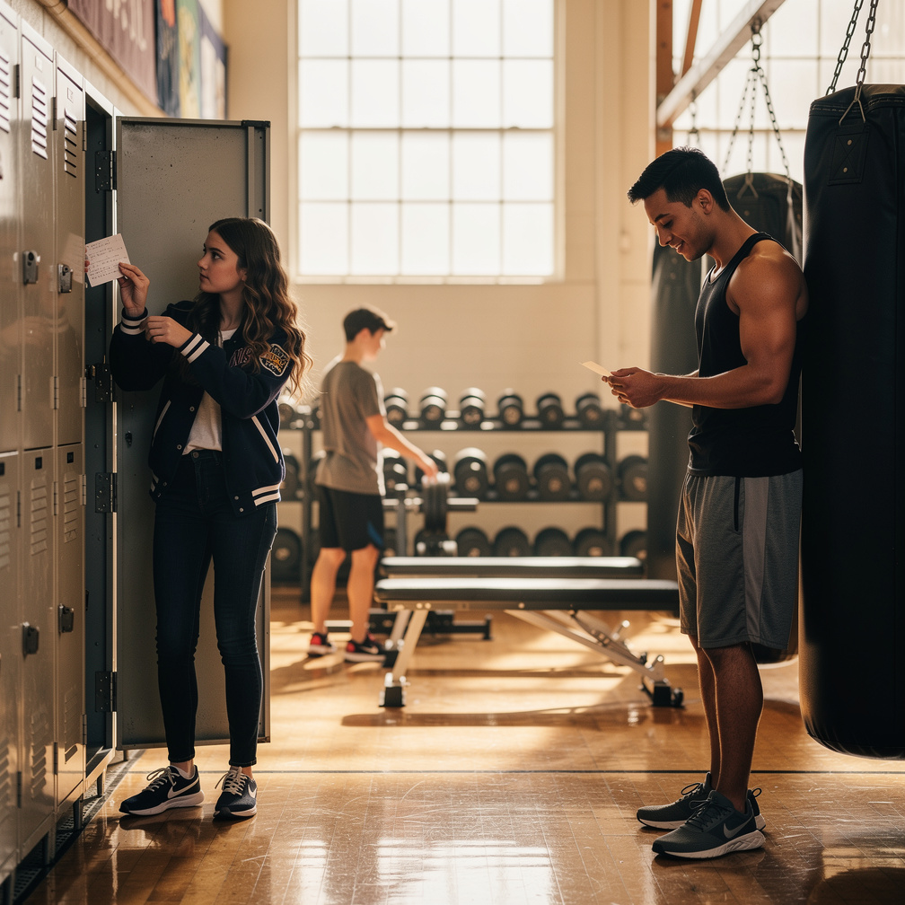 Maeve spots Enzo at the gym, his fists still wrapped in silence, and slides a note into his locker—“Help me crash Courtney’s 