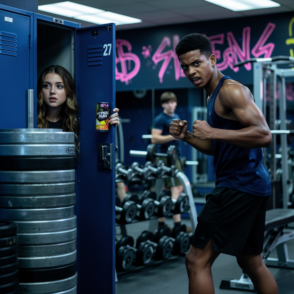 She sneaks into the weight room after hours, swaps his protein shake with a neon‑colored energy drink, and watches as Enzo bu