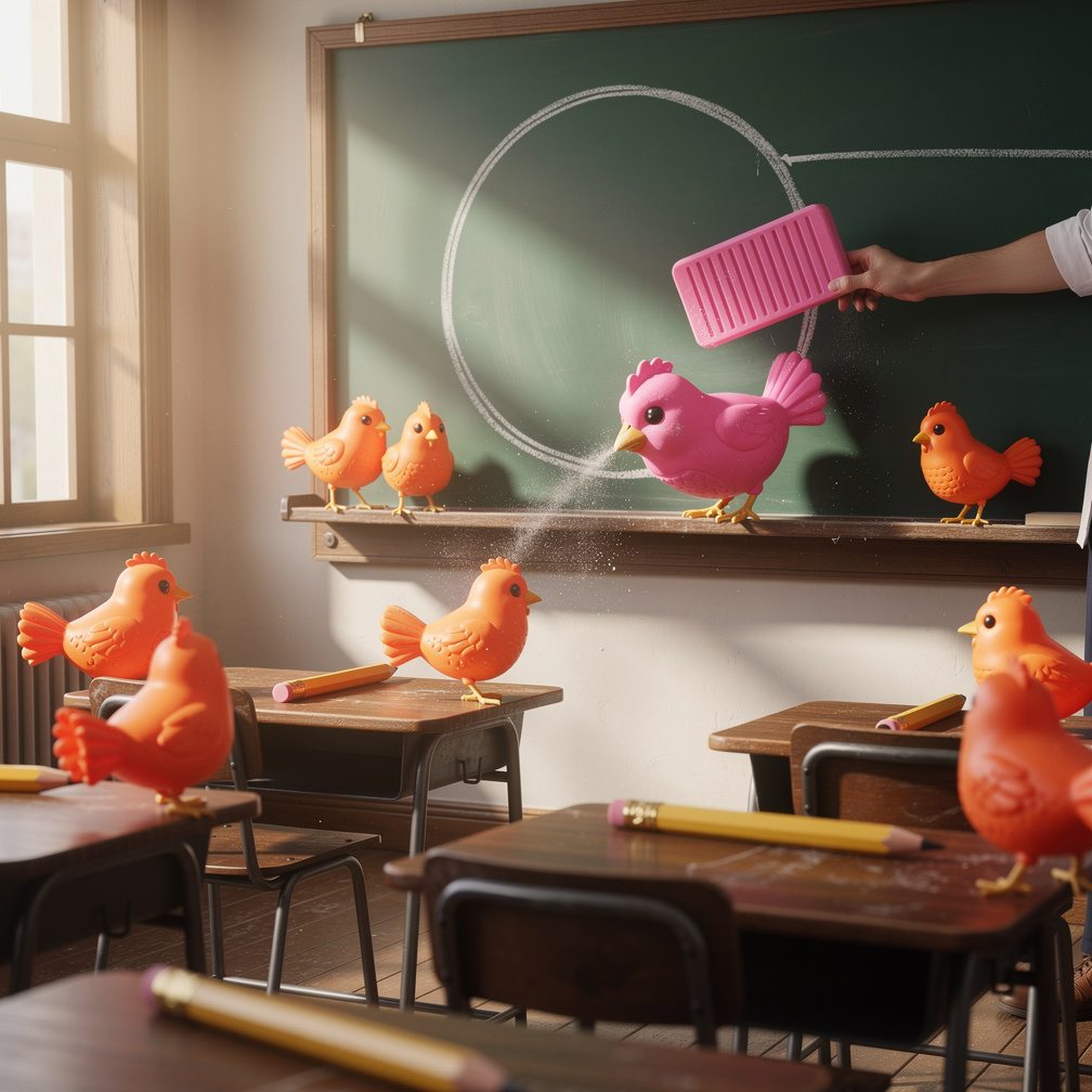 I snap a chalk line; the pencils‑chickens scramble, clucking, then one pecks the board, drawing a perfect perfect‑circle—unti