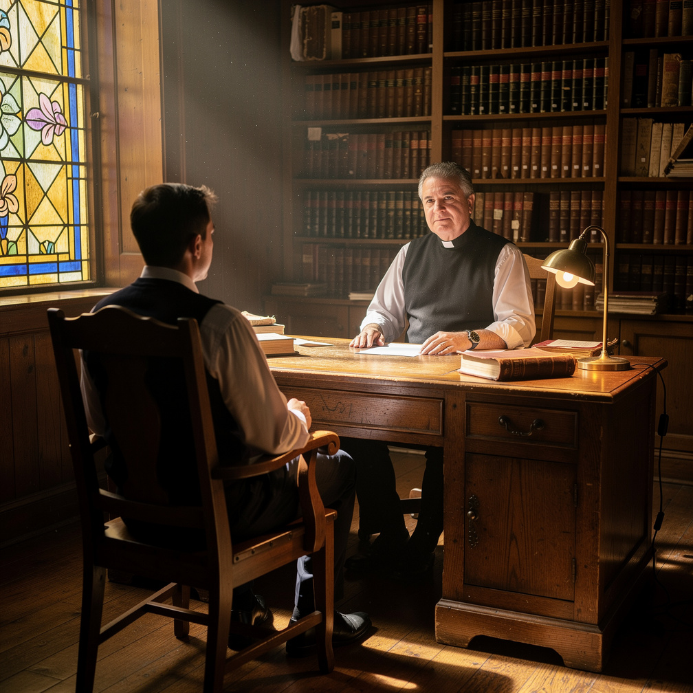 The air in Father Michael’s office was thick with the scent of old paper and furniture polish, a smell that felt like a centu