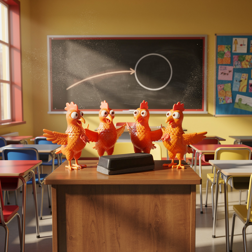 I lean in, the word shimmering: “listen.” The eraser vibrates, and the pencils‑chickens huddle, eyes wide, as a soft, metalli