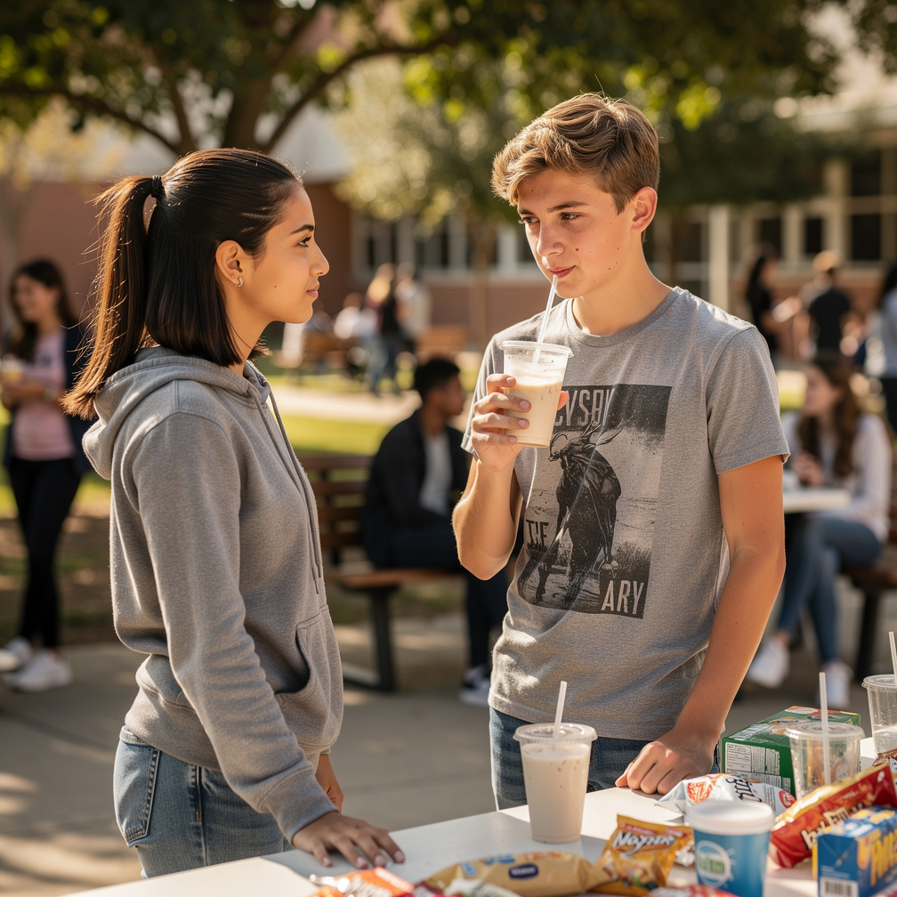 He drinks milkshake with Vanilla and saw the groups of boys wear Varsity Jacket with Dark Blue and Orange logo Jason Middleto