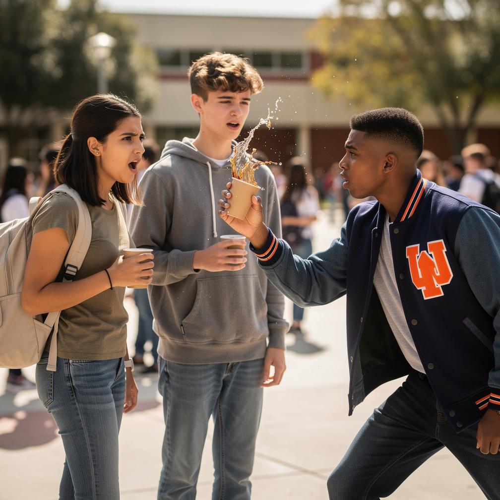 Theo Wears Varsity Jacket Dark Blue and Orange slaps Marco's Milkshake Hey! Said Marco, what The Hell Are You doing my milksh