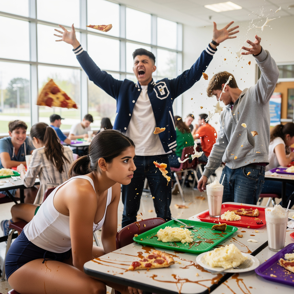 Theo  wears Varsity Jacket Shouts and says FOOD FIGHT!!!!!! A lot of students have Food Fight Throw Everything