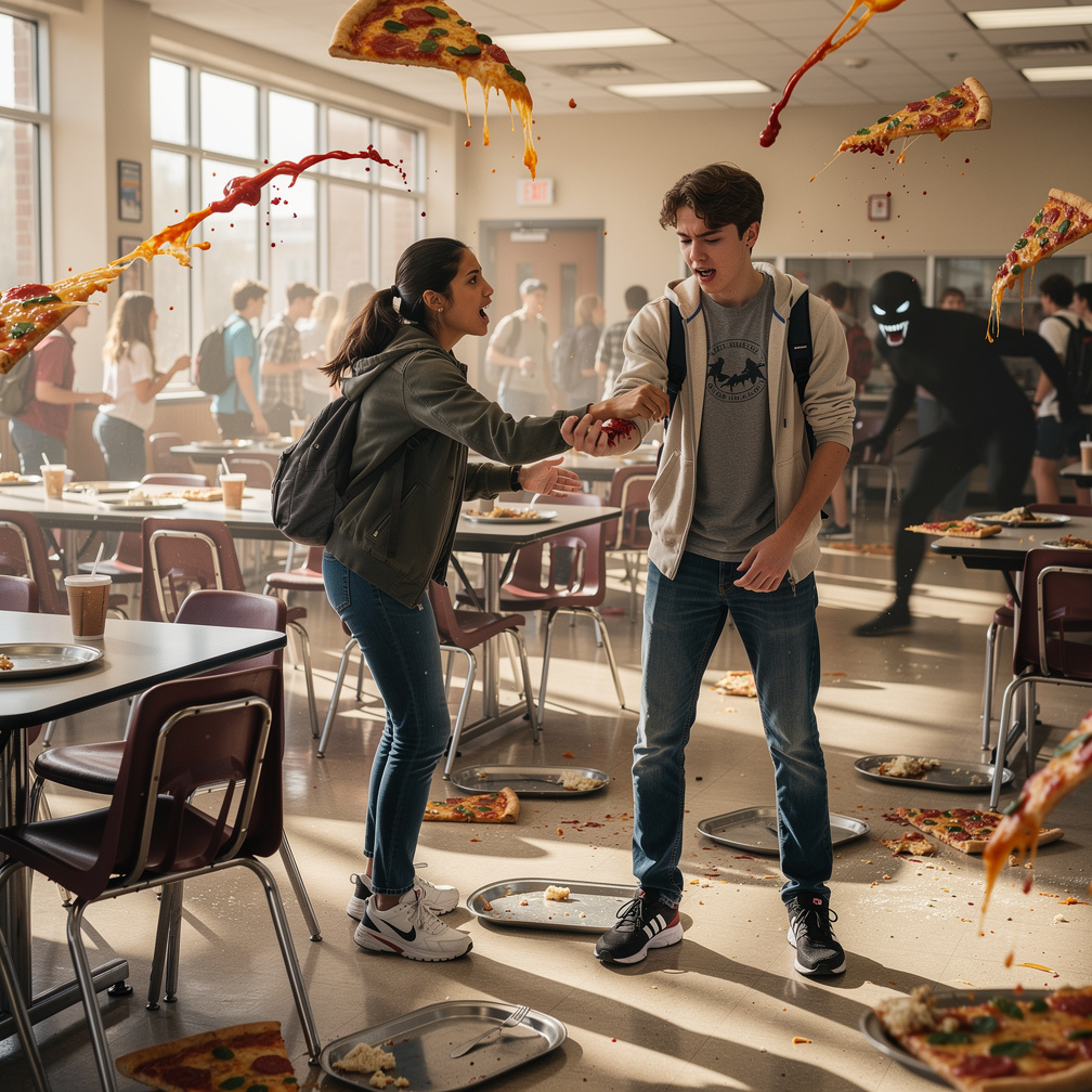 Screams echo as pizza slices fly; amid the turmoil, a shadow darts past, teeth flashing, and Marco feels a cold sting on his 