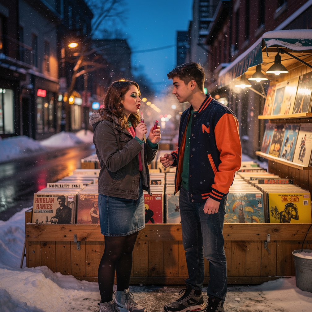 Nancy spots Barry by the vintage vinyl stall, his jacket flashing neon against the winter sky. She fumbles her lip gloss, hop