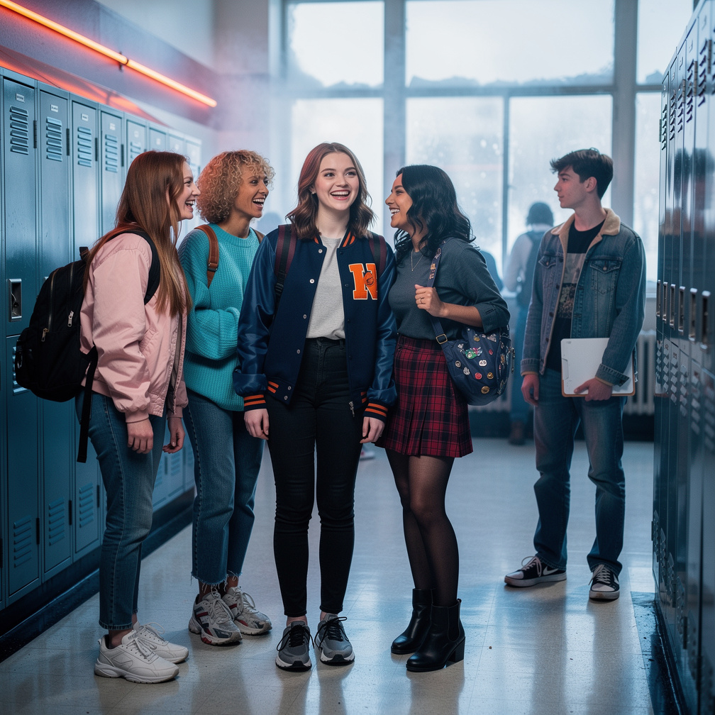 The next morning at high school, a lot of students
Nancy hanging with her friends Rose, Lynn, Kimberly.