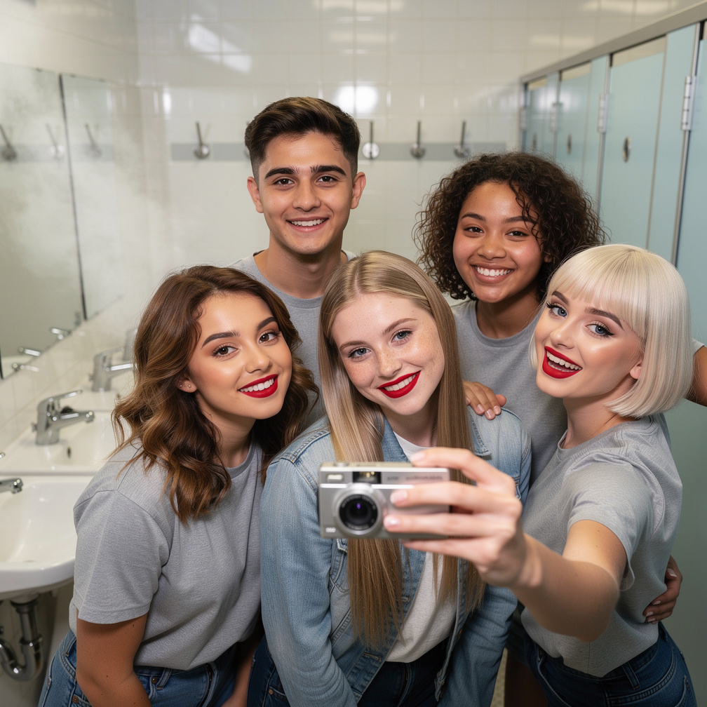 At Toilet Room Nancy Rose Kimberly Lynn Wears Inspired by Beverly Hills, 90210 With 90s Hairstyles, Make-up, Red lips
Fashio