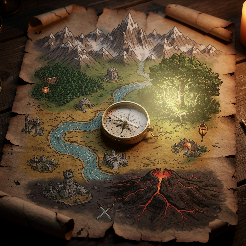 The compass spun wildly, pointing toward the inked forest on the map, where a faint glow hinted at the hidden shrine they’d b