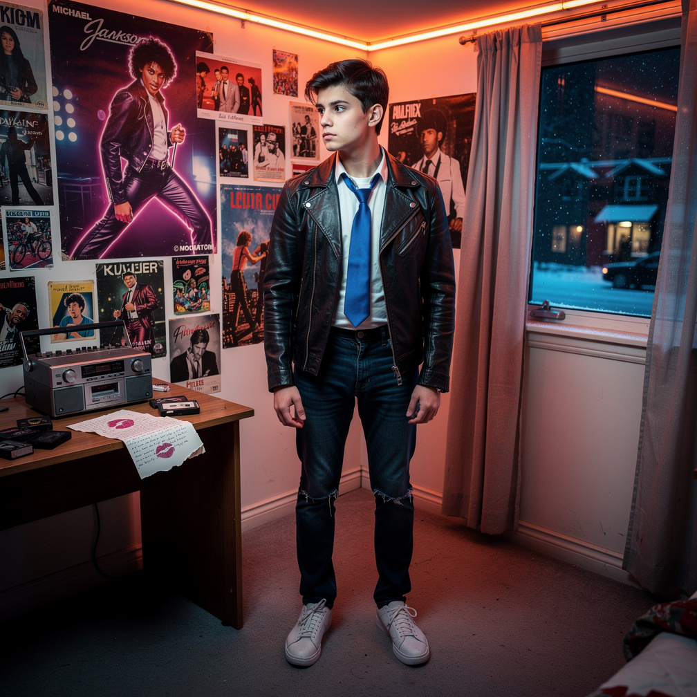 At Barry's Home He Wears for The Date 90s Vibes and Hairstyles, black Leather jacket, White Sneaker Blue tie levi's