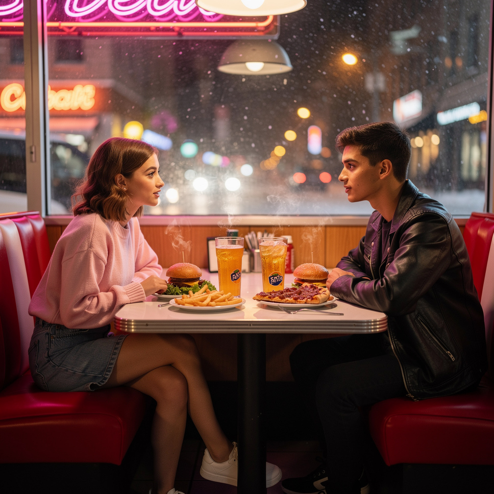 At The Diner Nancy, I have  French fries  salad with Burger and Fanta, Barry Have  bbq Pizza and Fanta, Burger.