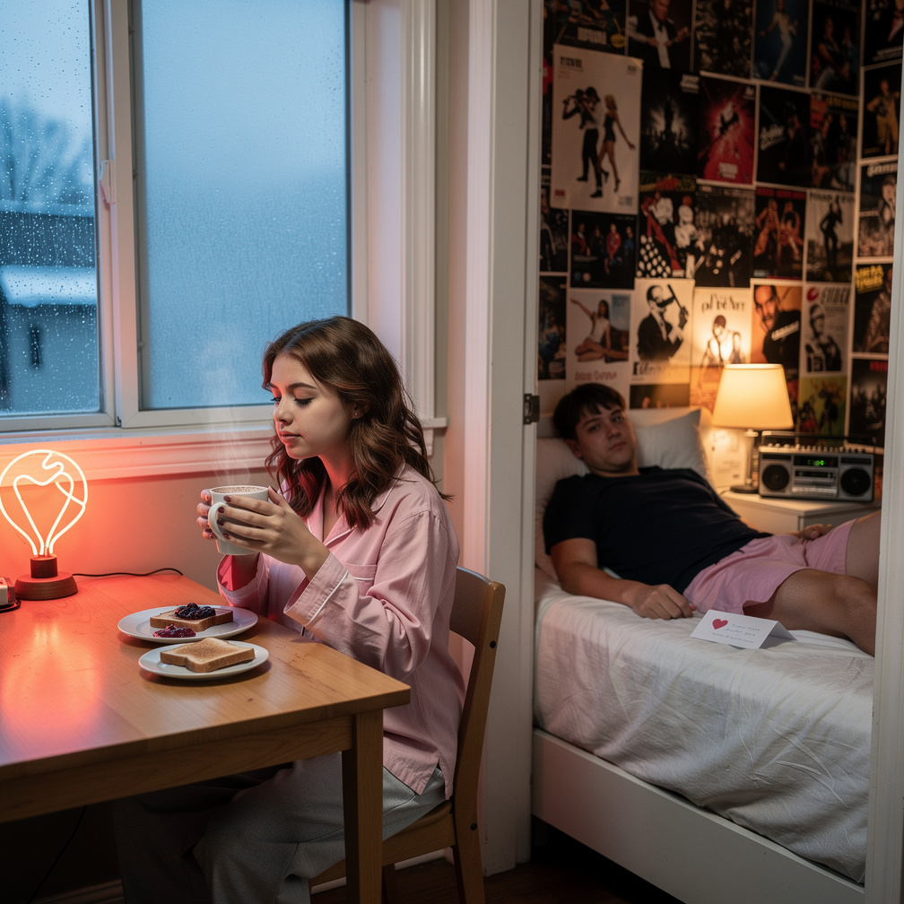That image by Late 80s Early 90s 
At Morning 1989, Nancy Eating breakfast in the morning
Barry had punched up Bedtime