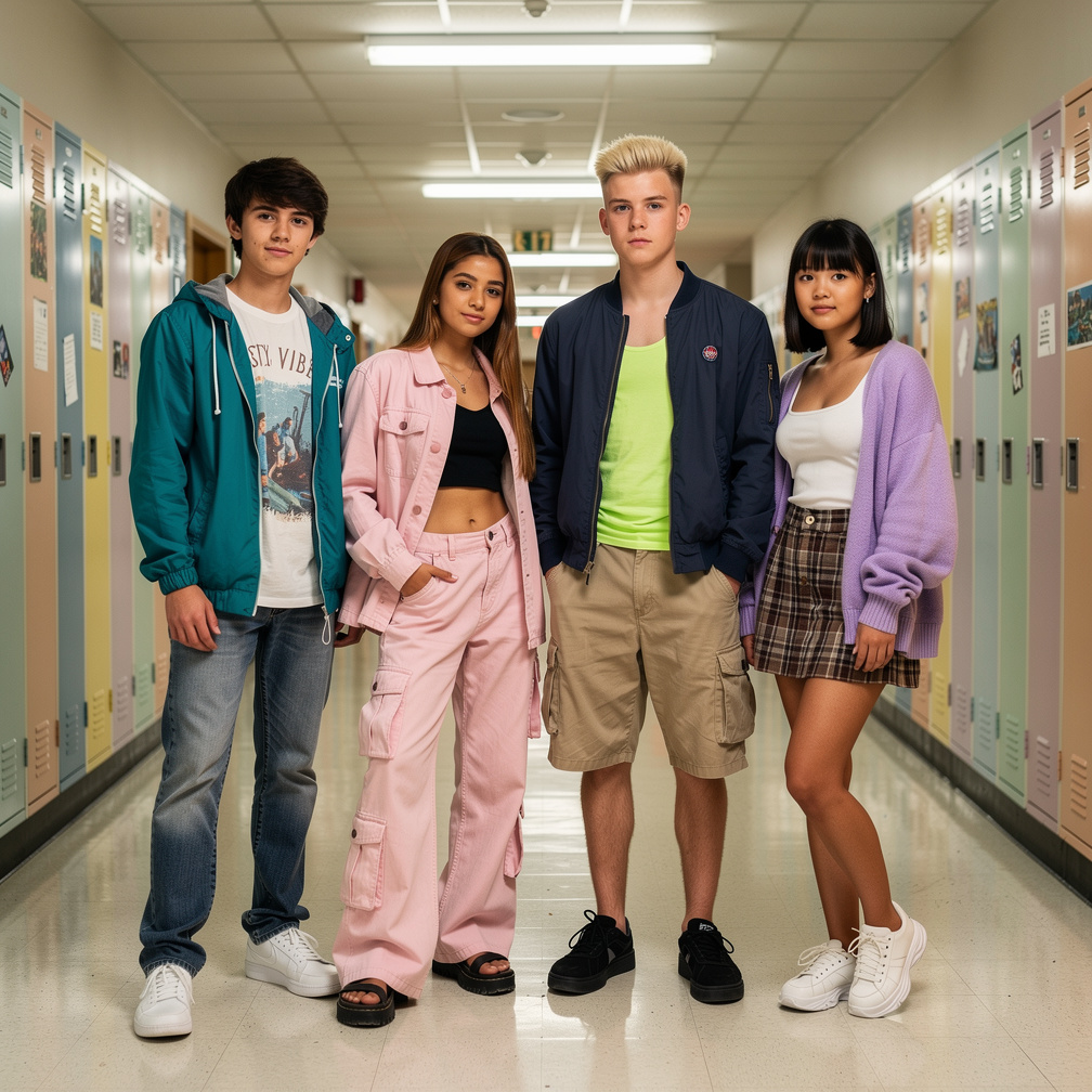 Inspired by the late 90s and early 2000s, outfits, fashion, teenagers, high school, these characters late 90s 2000s Influence