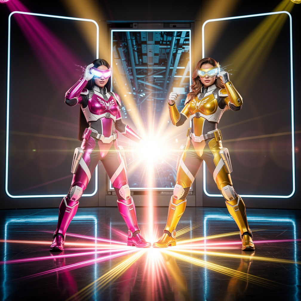 They strike a pose, the pink ranger’s visor flickers, and a sudden burst of neon light reveals a hidden panel behind the stag