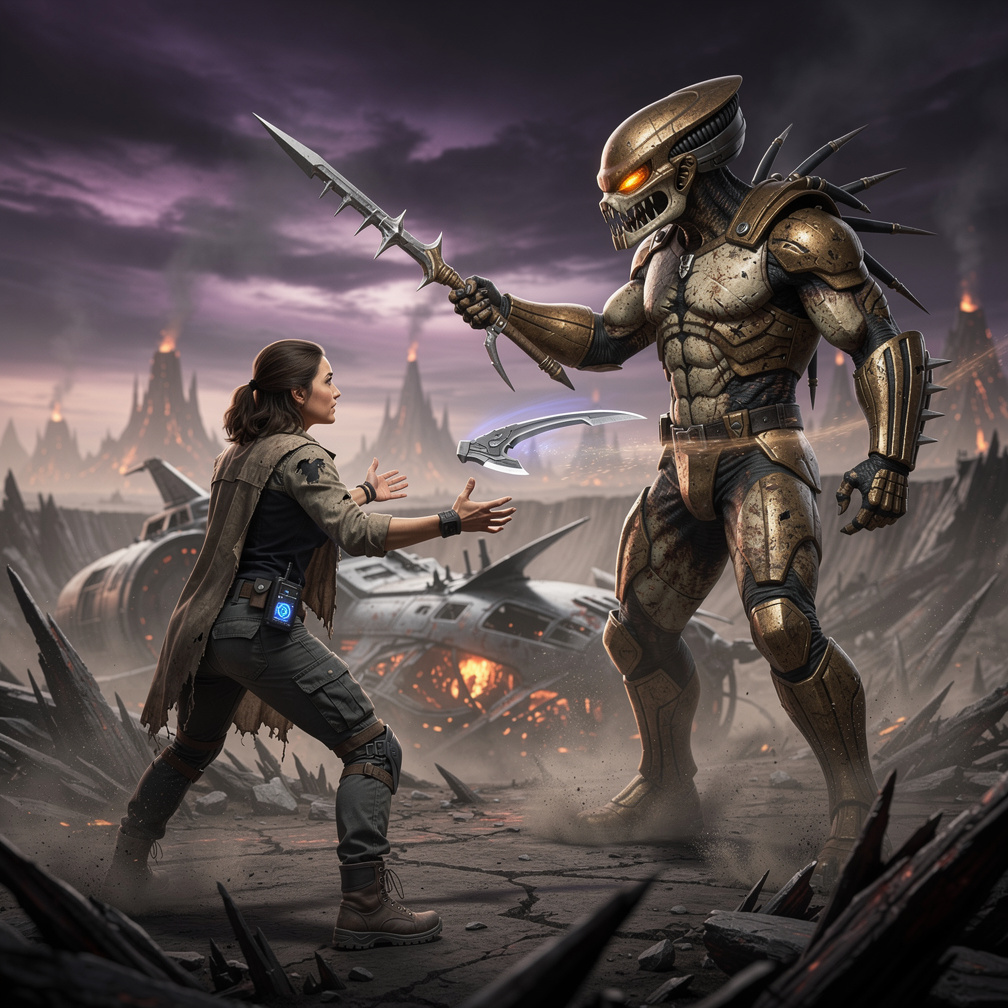 Imagine if: Dek the yautja first encounters Thia on the hostile planet of Genna after crash-landing, where universal translat