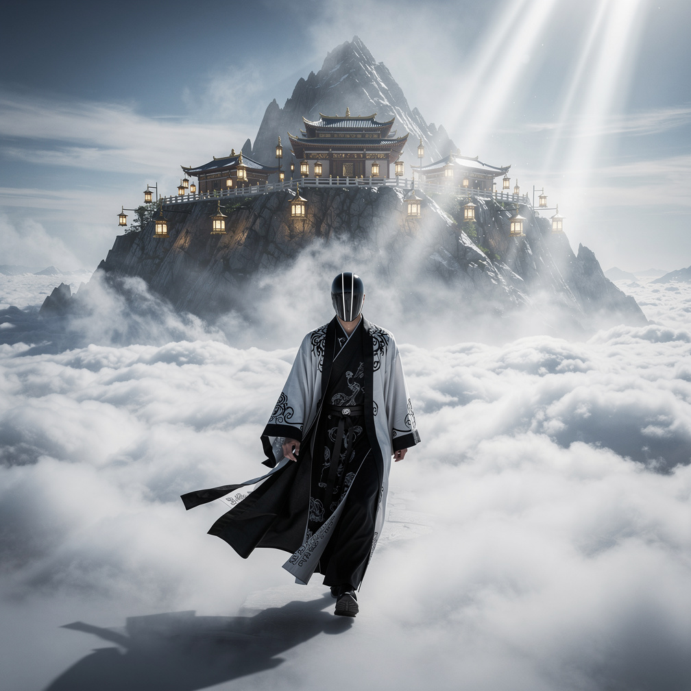 Aku pun pergi menuju gunung suci dengan berjalan di atas awan yaitu gunung itu ada bangunan kuil buddha.