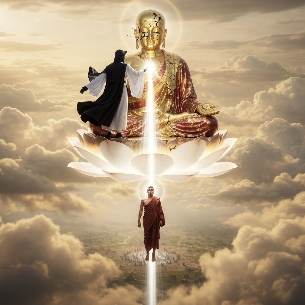 Dan saat buddha turun dari tempat duduk teratainya aku mengubahnya menjadi manusia dan menurunkan nya ke bumi untuk masuk ke