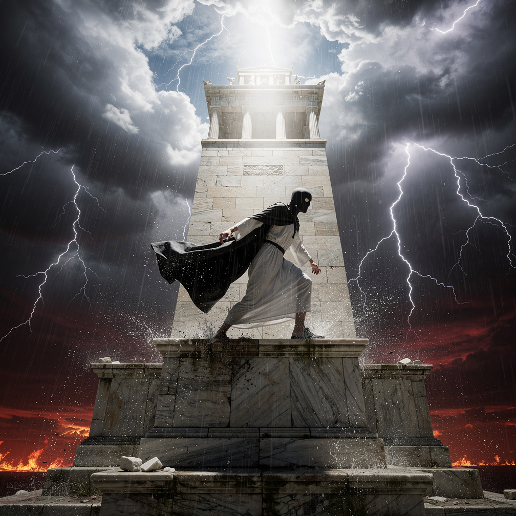 Dan saat itu zeus melemparku ke tower tertinggi di Yunani dan aku terhempas di atas tower itu dengan hujan petir.