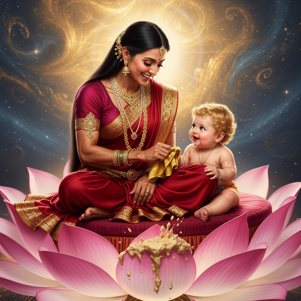 A startled Durga wipes her hand, laughing softly as the tiny mess splatters the lotus leaves, and whispers a blessing for the