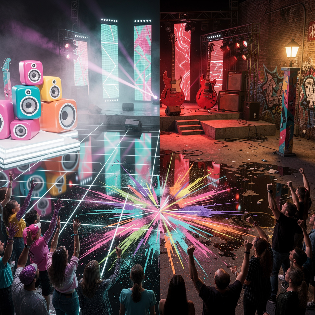 The beat drops, and the crowd splits: pop fans chant “glitter!” while rock heads roar “louder!” as a sudden flash of neon gra