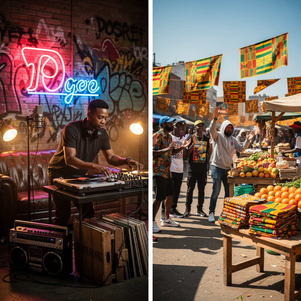The beat drops, and the crowd splits—West Coast synths clash with Ghanaian drum loops, each side shouting for supremacy as th