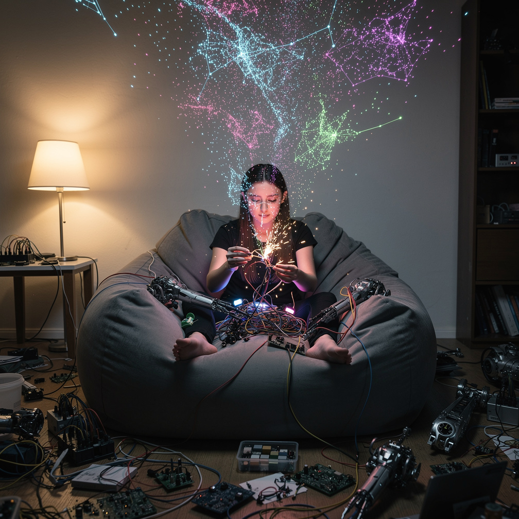 She flicked the tangled wires, and the room shivered as a cascade of holographic sparks painted the ceiling with neon constel