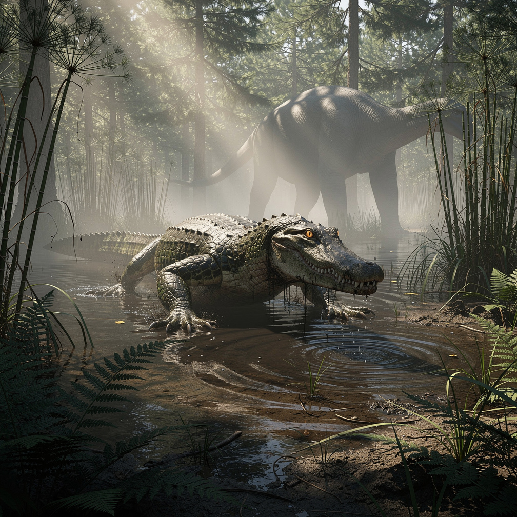 I wade through murky swamps, hunting fish with my massive jaws, while towering sauropods thunder overhead, their shadows remi