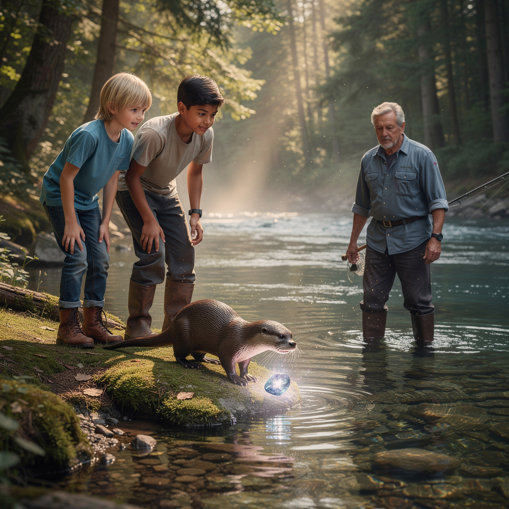 A sudden splash revealed the stone glimmering on the riverbank, and a curious otter nudged it toward a lone fisherman humming