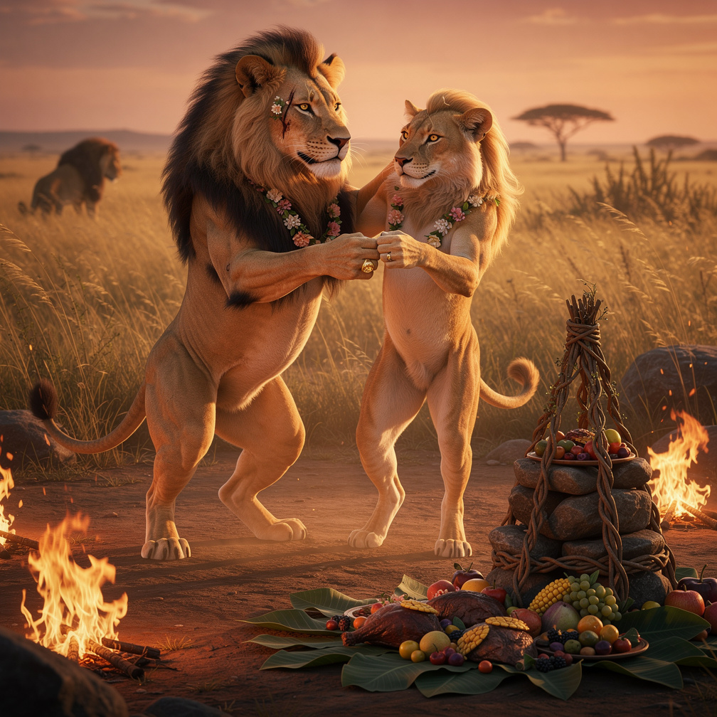 Their wedding feast turned into a wild savanna dance, but as the drums faded, a distant roar hinted that the Pride Lands' old