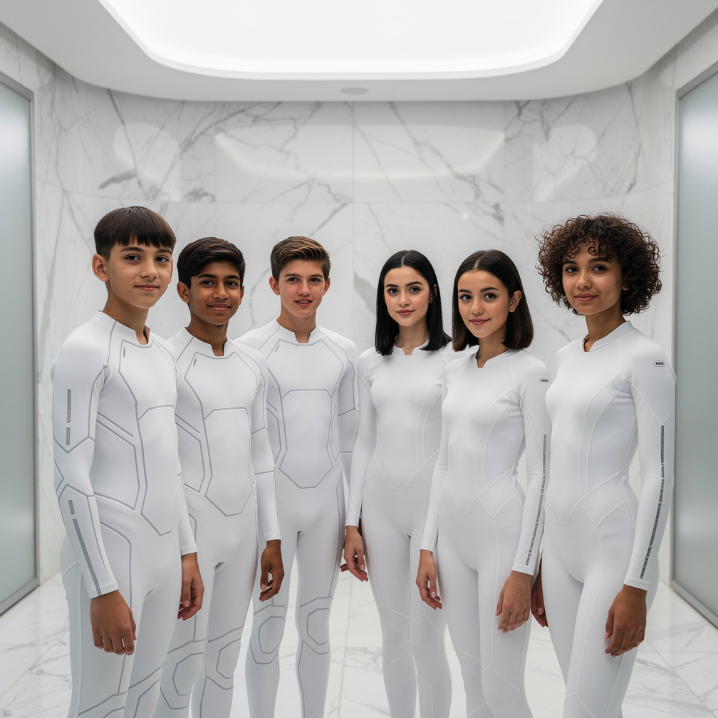 The girls wear white, futuristic, geometric/structured bodysuit-style outfits inside the white bathhouse/capsule scenes.