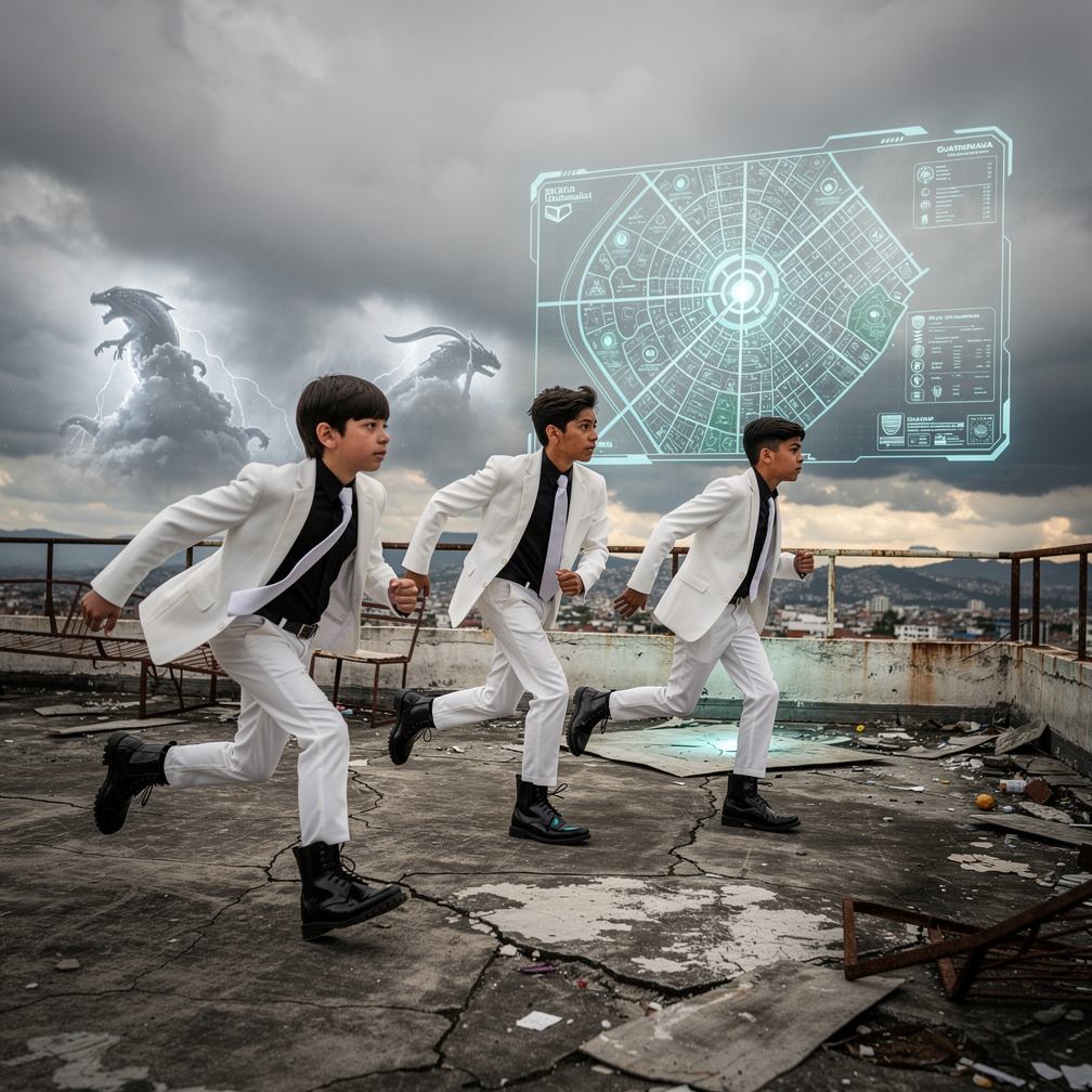 A sudden siren blares, and the white‑clad teens sprint toward the abandoned rooftop, where a flickering holo‑map of the city 