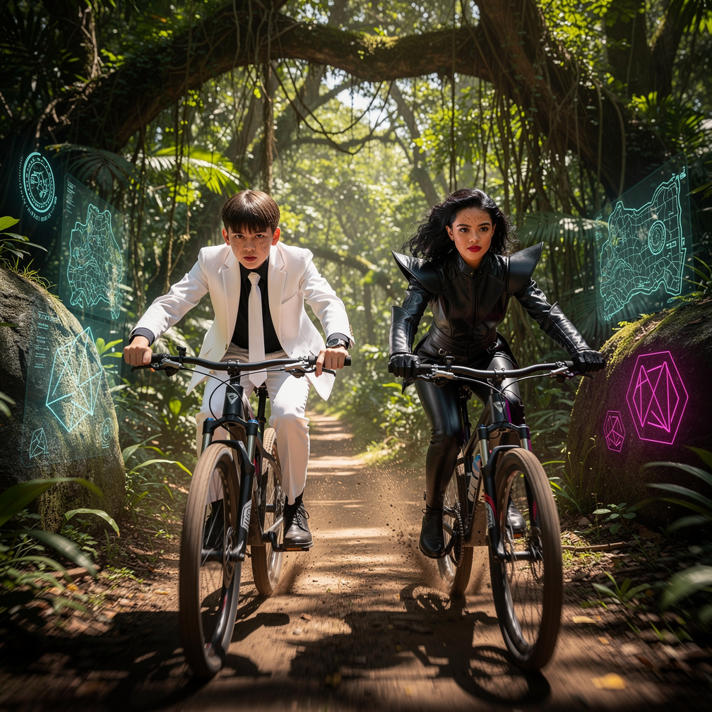 And Boys Riding At The Mountain bike to the Jungle with Girls wear • sleek, structured black leather outfit with dramatic poi