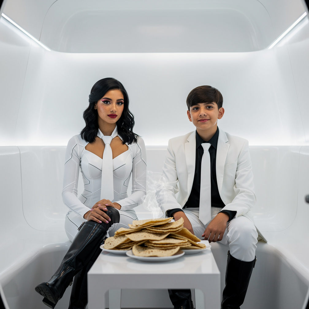Group of female  wears white, futuristic, geometric/structured bodysuit-style outfits inside the white bathhouse/capsule scen