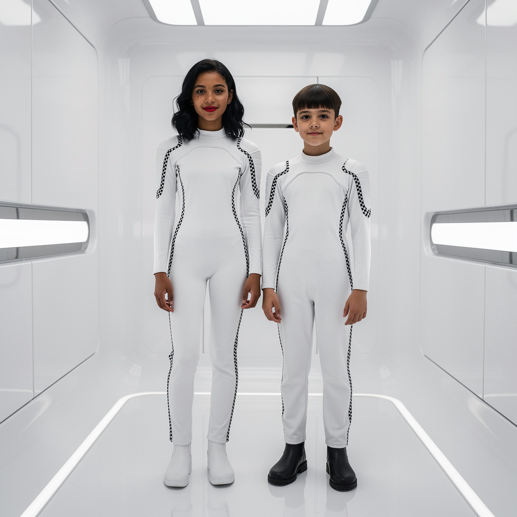 structural, high-cut white latex or vinyl bodysuits. They feature a prominent high neckline and a sleek, sculptural silhouett