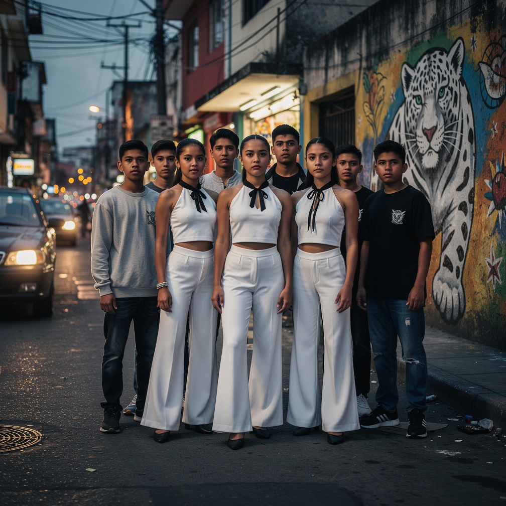 14 Year olds females wear white, form-fitting halter neck crop tops featuring a unique black collar design or tie detailing. 