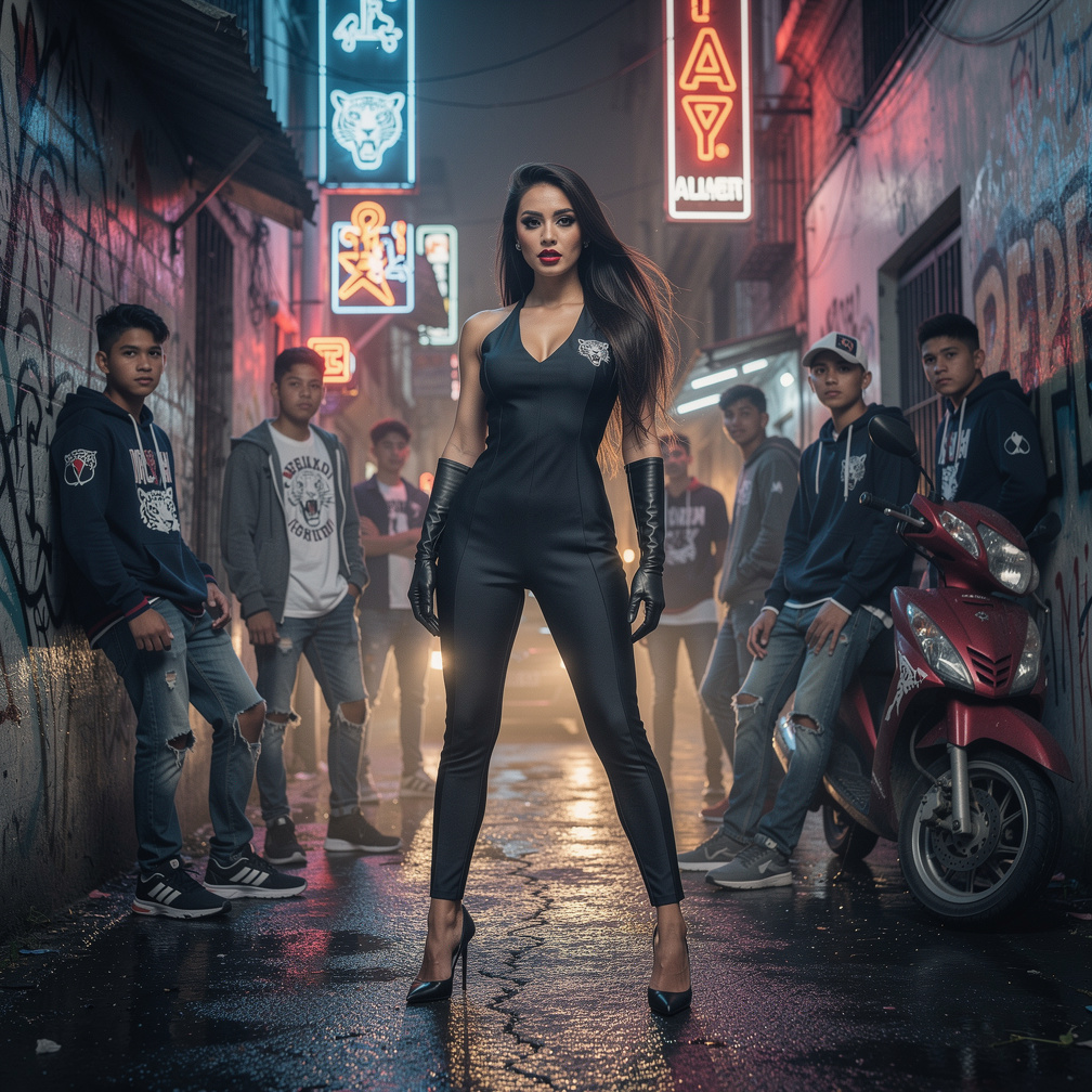 One of the Group this Girl dark, sultry, club-centric aesthetic. Her wardrobe featured black elbow-length gloves, high heels,